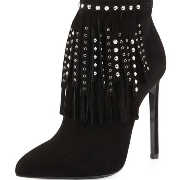 Saint Laurent  Black Suede Studded-fringe Bootie - Picture 3 of 15